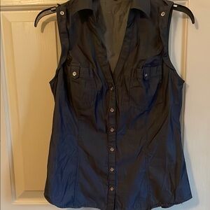 Express Blue Sleeveless Notched Collar Button Down Top